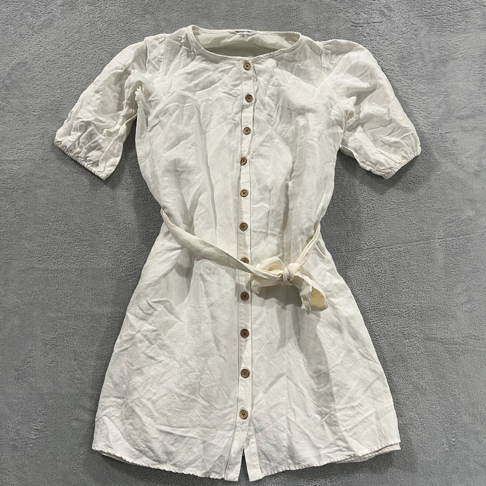Emerson Fry Dress Women XS Ivory White Button Linen Belted Short Smocked Sleeve